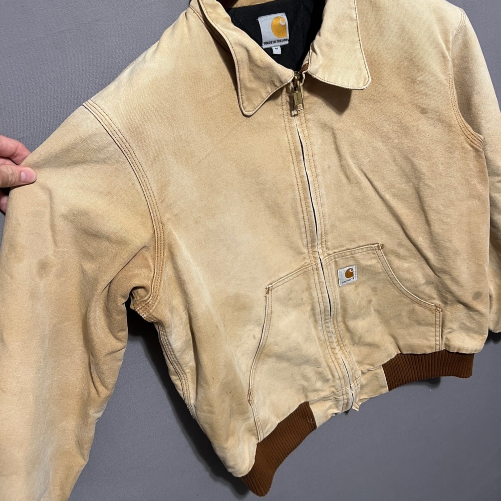 Vintage 90s Carhartt Jacket Sun Faded‎ Made in USA Duck Canvas Tan Mens Medium - Picture 3 of 6